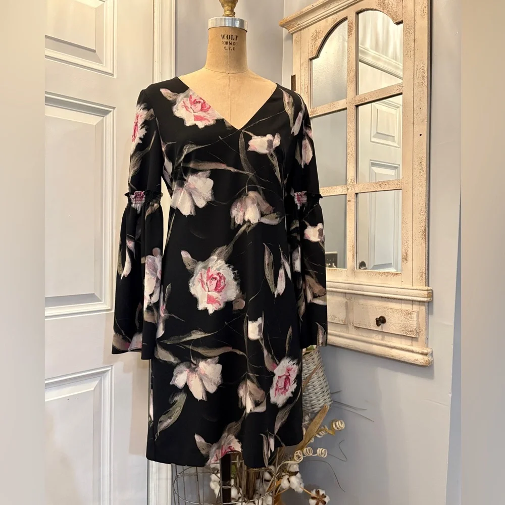 White House Black Market‎ Black Long Sleeve V-neck Dress with Pink Floral Design